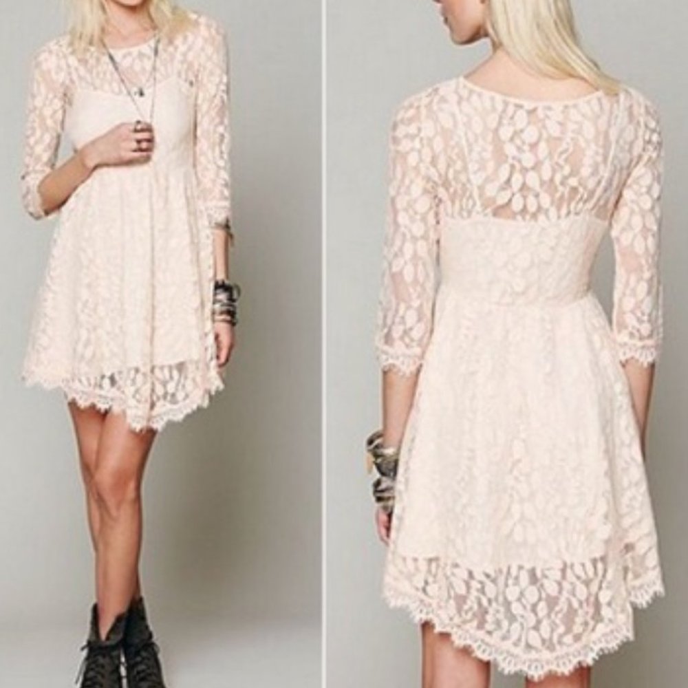 DRESS - Free People peachy blush lace overlay asymmetrical pullover dress. - Picture 5 of 16